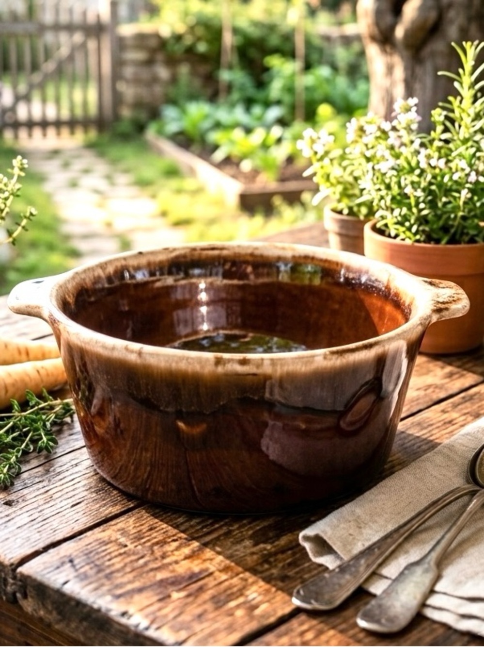 Vintage McCoy MCP USA Brown Drip Glaze Ceramic Casserole Dish Bowl with Handles